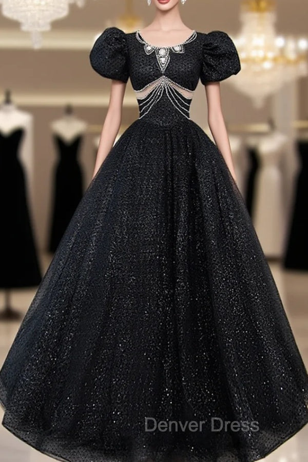 Black Tulle Beaded Short Sleeves Prom Dresses, Black Tulle Formal Dresses Main image