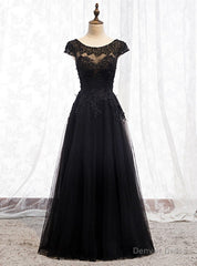 Black Tulle Cap Sleeve Appliques Beading Prom Dress