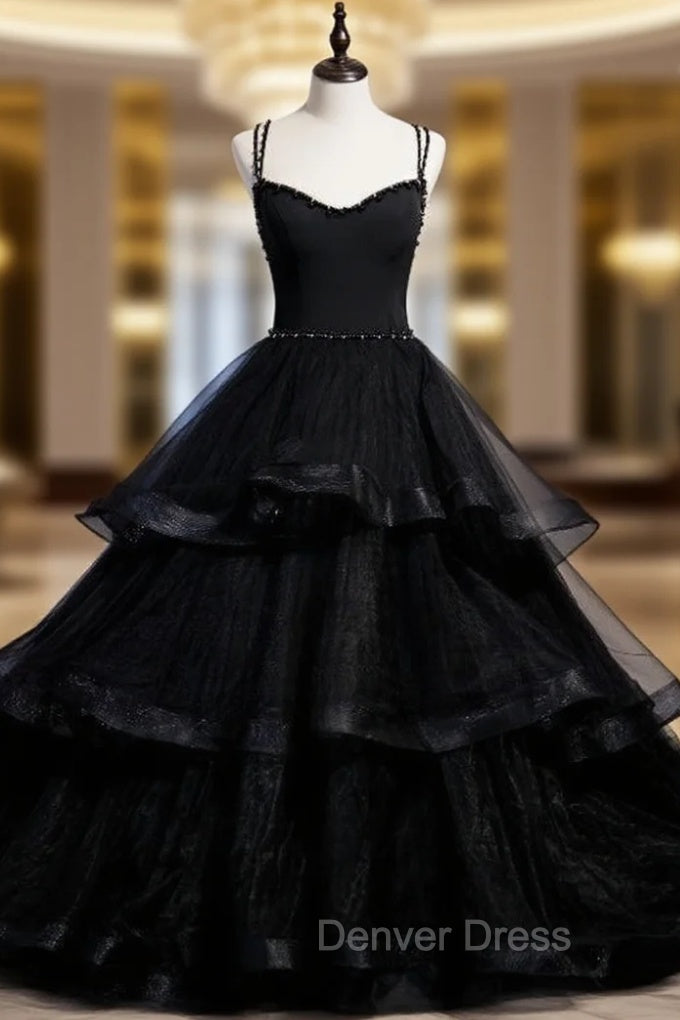 Black Tulle Double Straps Beading Prom Dresses Main image