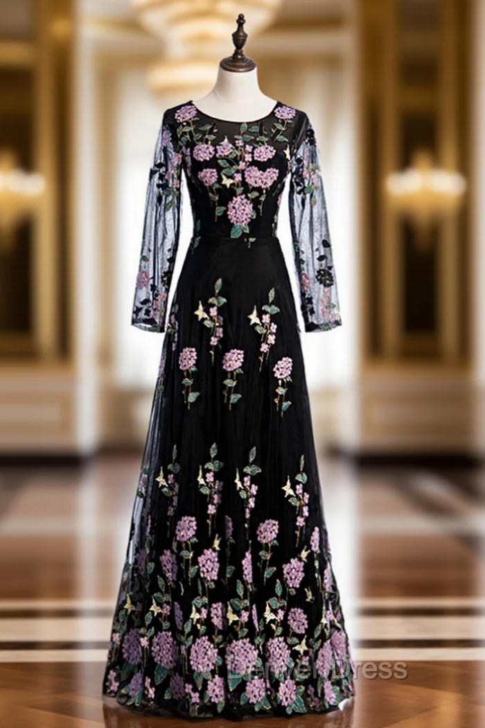 Black Tulle Embroidery Long Sleeve Scoop Prom Dresses Main image