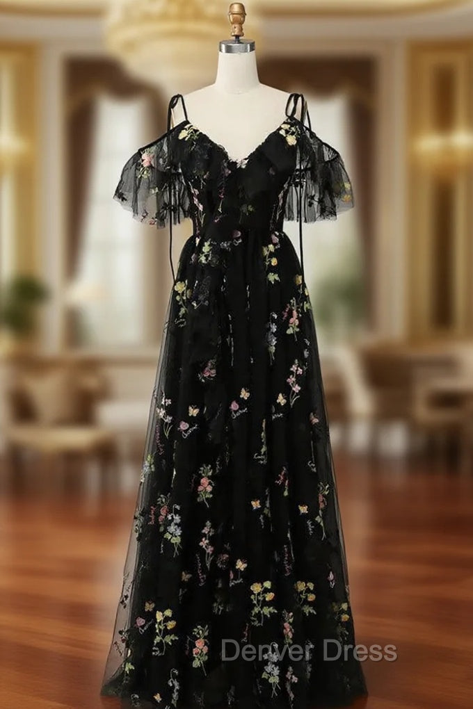 Black Tulle Embroidery Straps Prom Dresses Main image