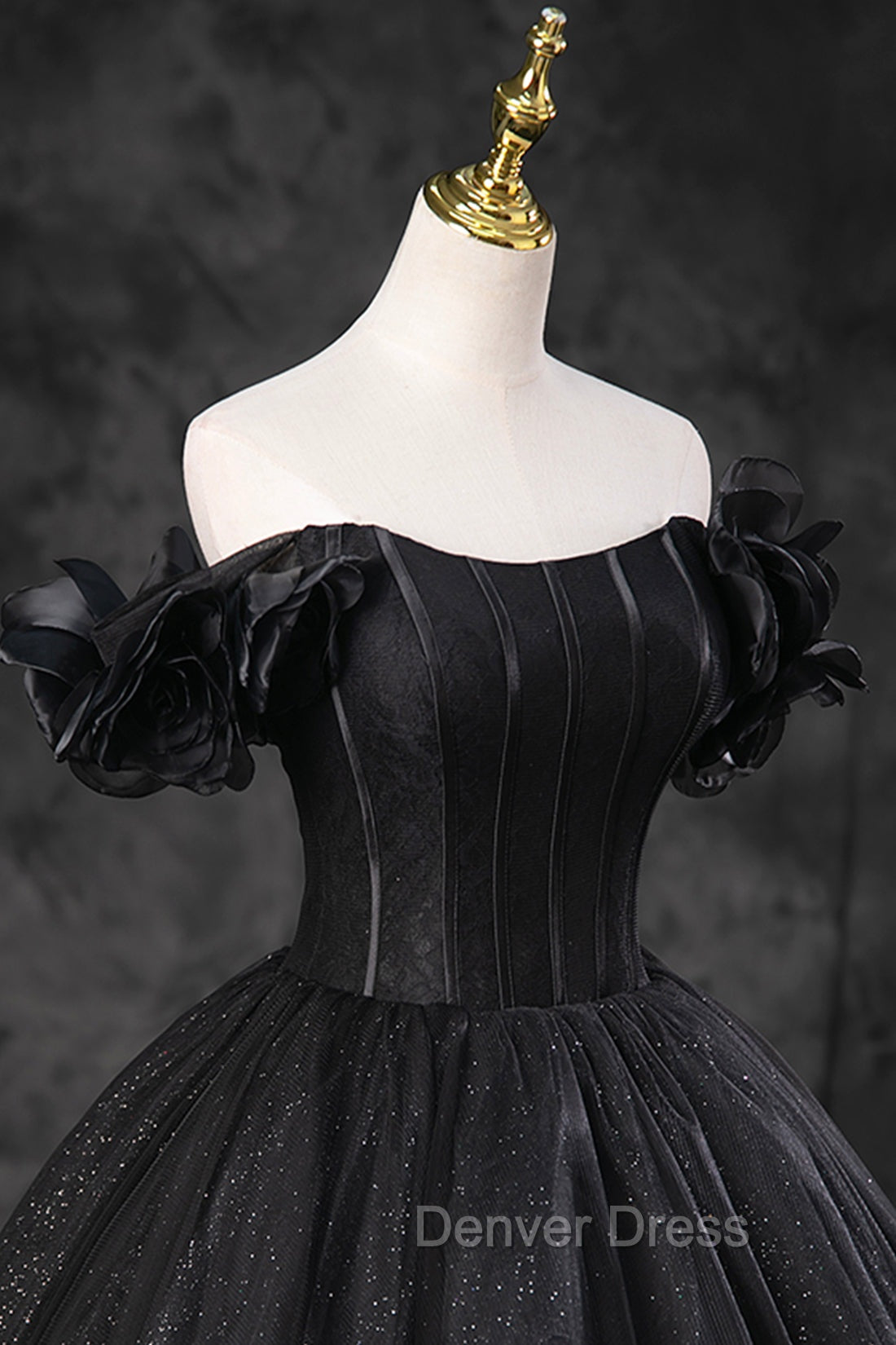 Black Tulle Floor Length A-Line Prom Dresses, Off the Shoulder Evening Party Dresses