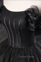 Black Tulle Floor Length A-Line Prom Dresses, Off the Shoulder Evening Party Dresses