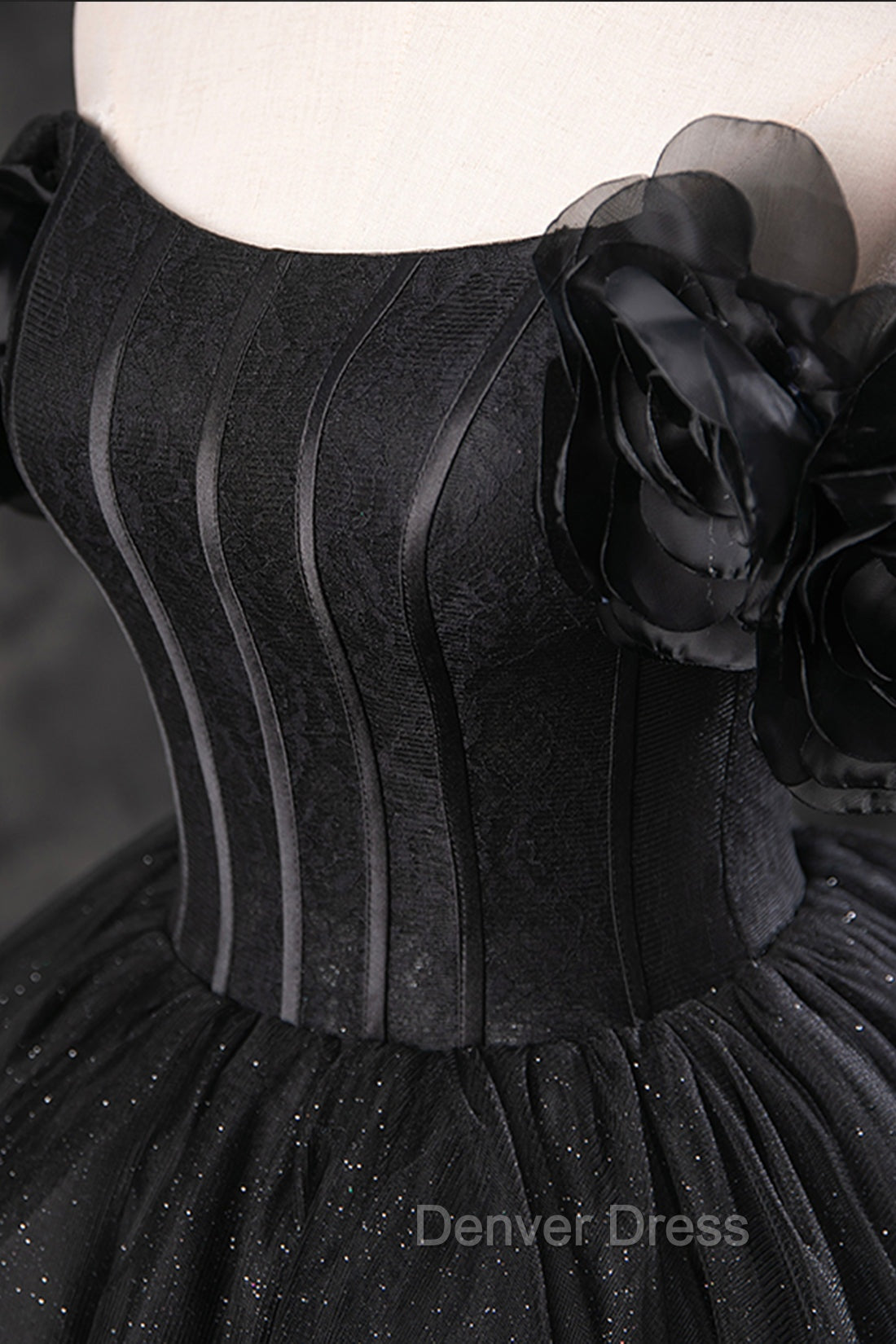 Black Tulle Floor Length A-Line Prom Dresses, Off the Shoulder Evening Party Dresses