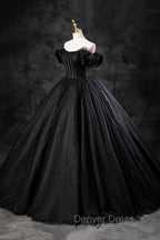 Black Tulle Floor Length A-Line Prom Dresses, Off the Shoulder Evening Party Dresses