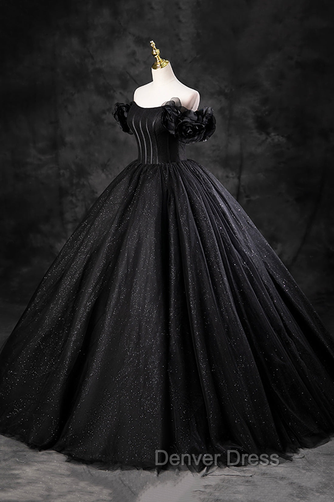 Black Tulle Floor Length A-Line Prom Dresses, Off the Shoulder Evening Party Dresses