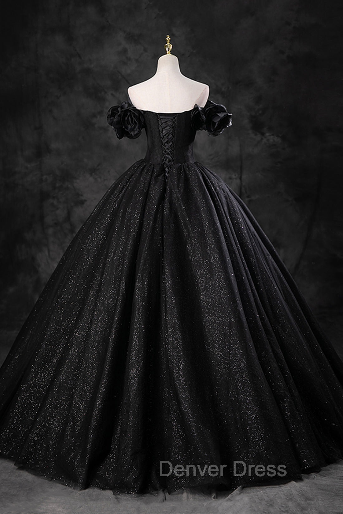 Black Tulle Floor Length A-Line Prom Dresses, Off the Shoulder Evening Party Dresses