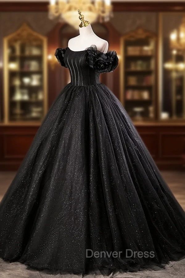 Black Tulle Floor Length A-Line Prom Dresses, Off the Shoulder Evening Party Dresses