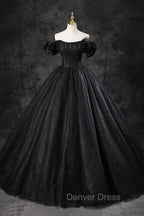 Black Tulle Floor Length A-Line Prom Dresses, Off the Shoulder Evening Party Dresses
