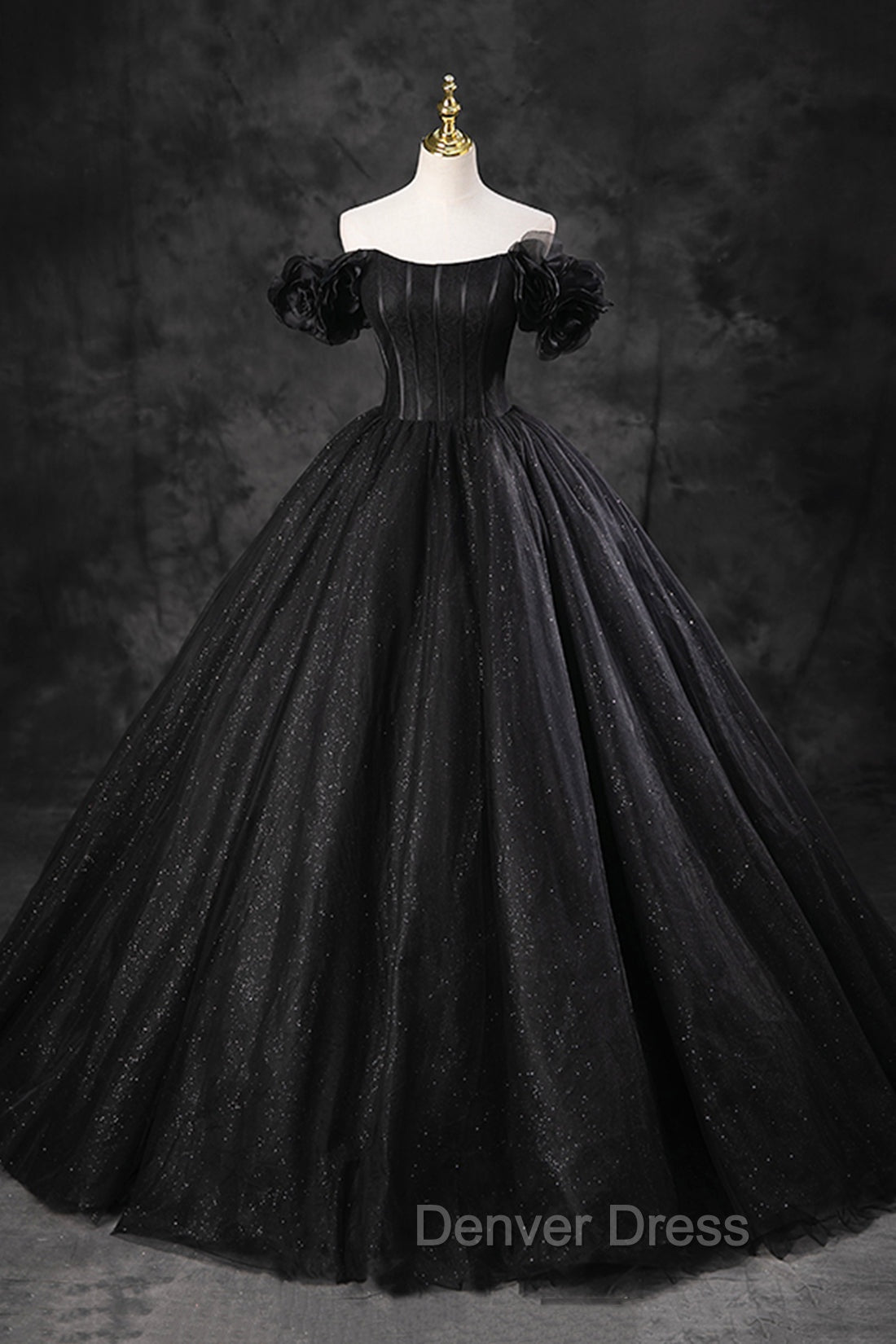 Black Tulle Floor Length A-Line Prom Dresses, Off the Shoulder Evening Party Dresses
