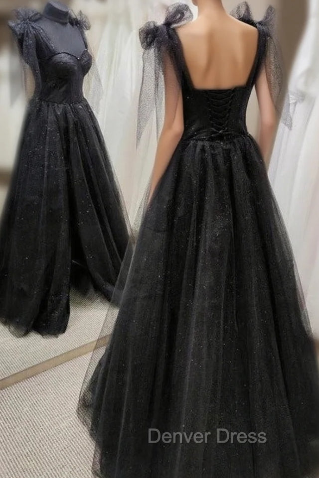Black Tulle Floor Length Long Prom Dress with Slit, Black Prom Dresses
