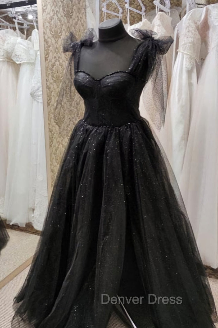 Black Tulle Floor Length Long Prom Dress with Slit, Black Prom Dresses Main image