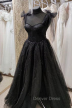 Black Tulle Floor Length Long Prom Dress with Slit, Black Prom Dresses