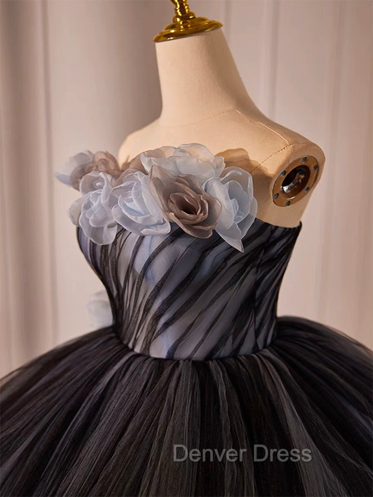 Black Tulle Flower Long Prom Gown, Black Sweet 16 Dresses Secondary image