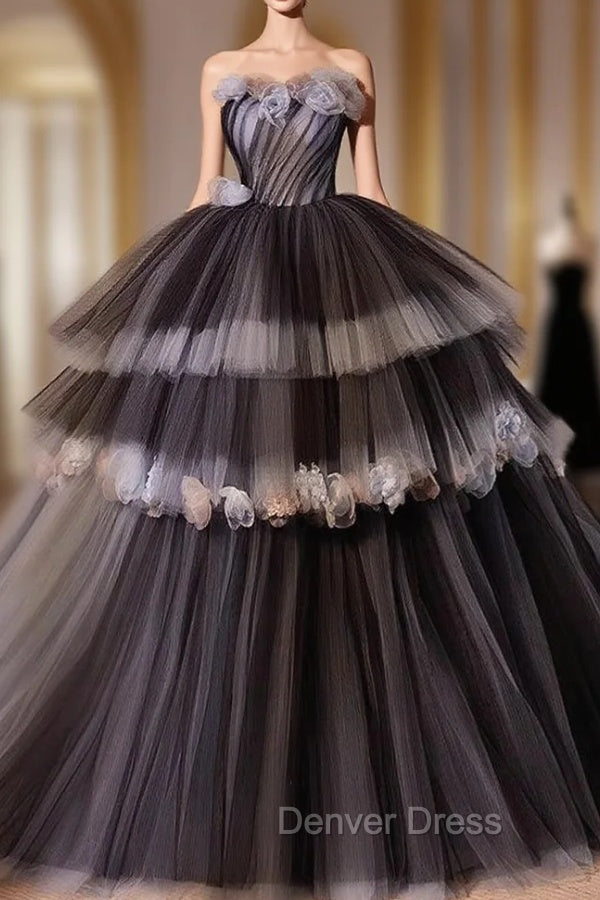 Black Tulle Flower Long Prom Gown, Black Sweet 16 Dresses Main image