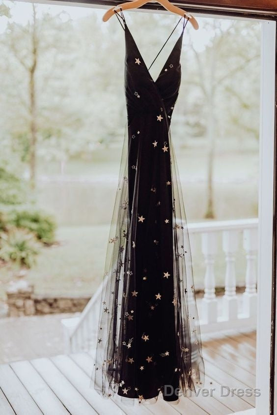 Black Tulle Gold Star Wedding Dress. Fashion Prom Gown