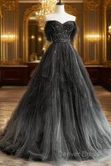 Black Tulle Gradient Long Party Dresses With Beadings, Black Evening Dresses Prom Dresses