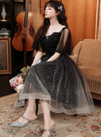 Black Tulle Gradient Short Sleeves Party Dress With Lace, Short Prom Dresses