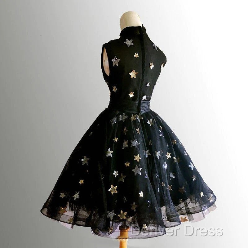 Black Tulle High Neckline Short Homecoming Dress, Black Short Prom Dresses