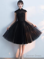 Black Tulle Homecoming Dress With High Neckline, Black Short Prom Dress