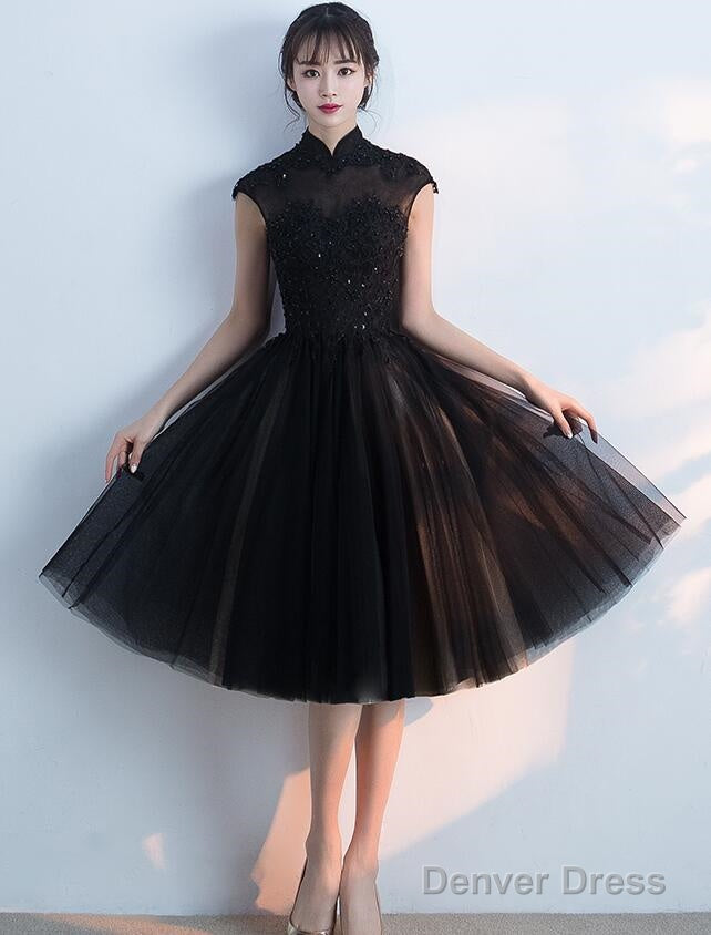 Black Tulle Homecoming Dress With High Neckline, Black Short Prom Dress