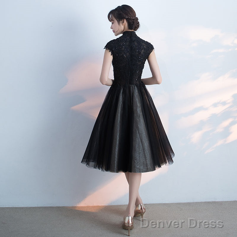 Black Tulle Homecoming Dress With High Neckline, Black Short Prom Dress