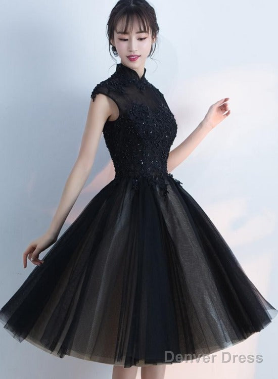 Black Tulle Homecoming Dress With High Neckline, Black Short Party Dress Prom Dress Main image