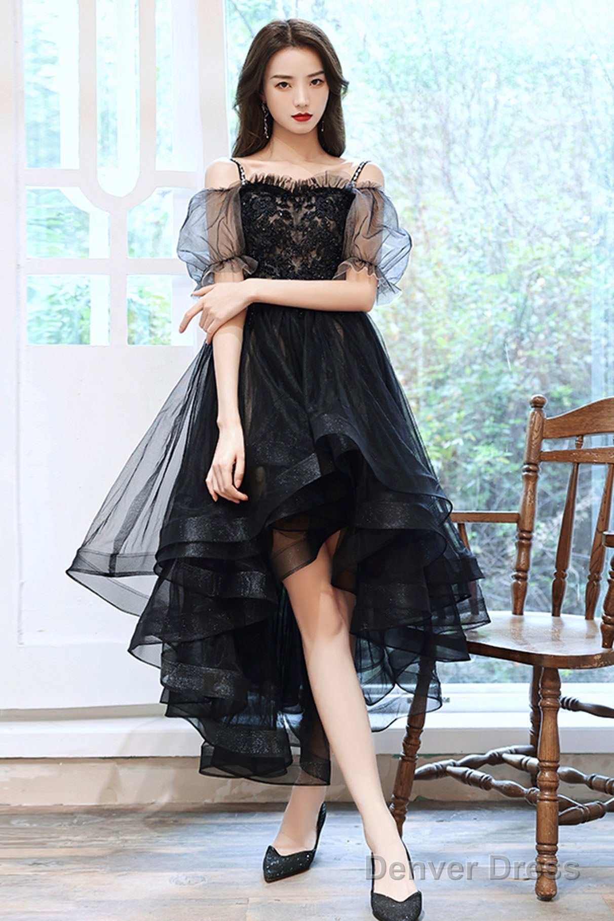 Black Tulle Lace High-Low Party Dress, Cute Short Sleeve Homecoming Dress Secondary image
