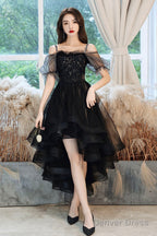 Black Tulle Lace High-Low Prom Dress, Cute Short Sleeve Homecoming Dresses