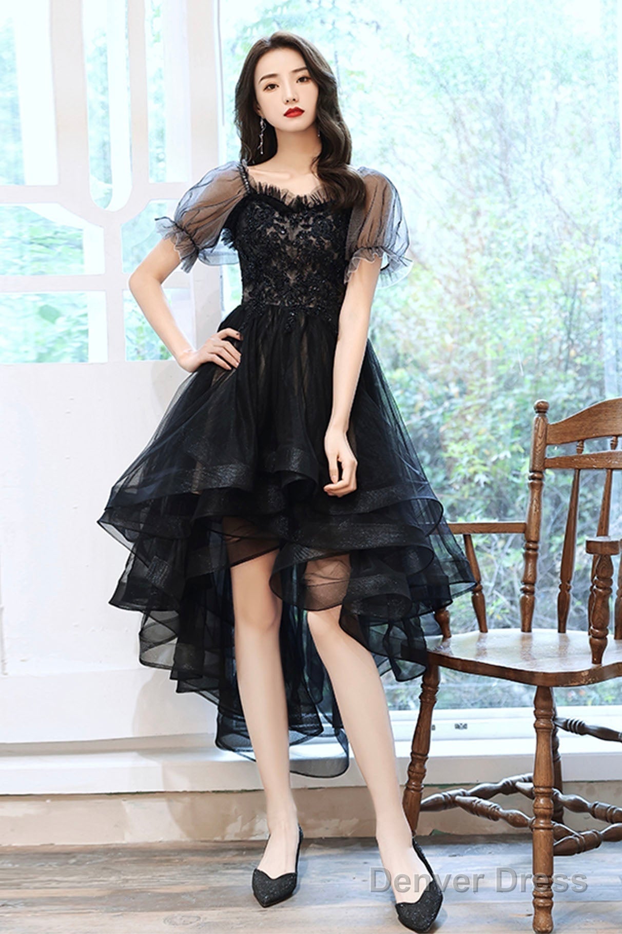 Black Tulle Lace High-Low Prom Dress, Cute Short Sleeve Homecoming Dresses