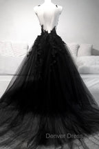 Black Tulle Lace Long A Line Prom Dress, Black V Neck Prom Dresses