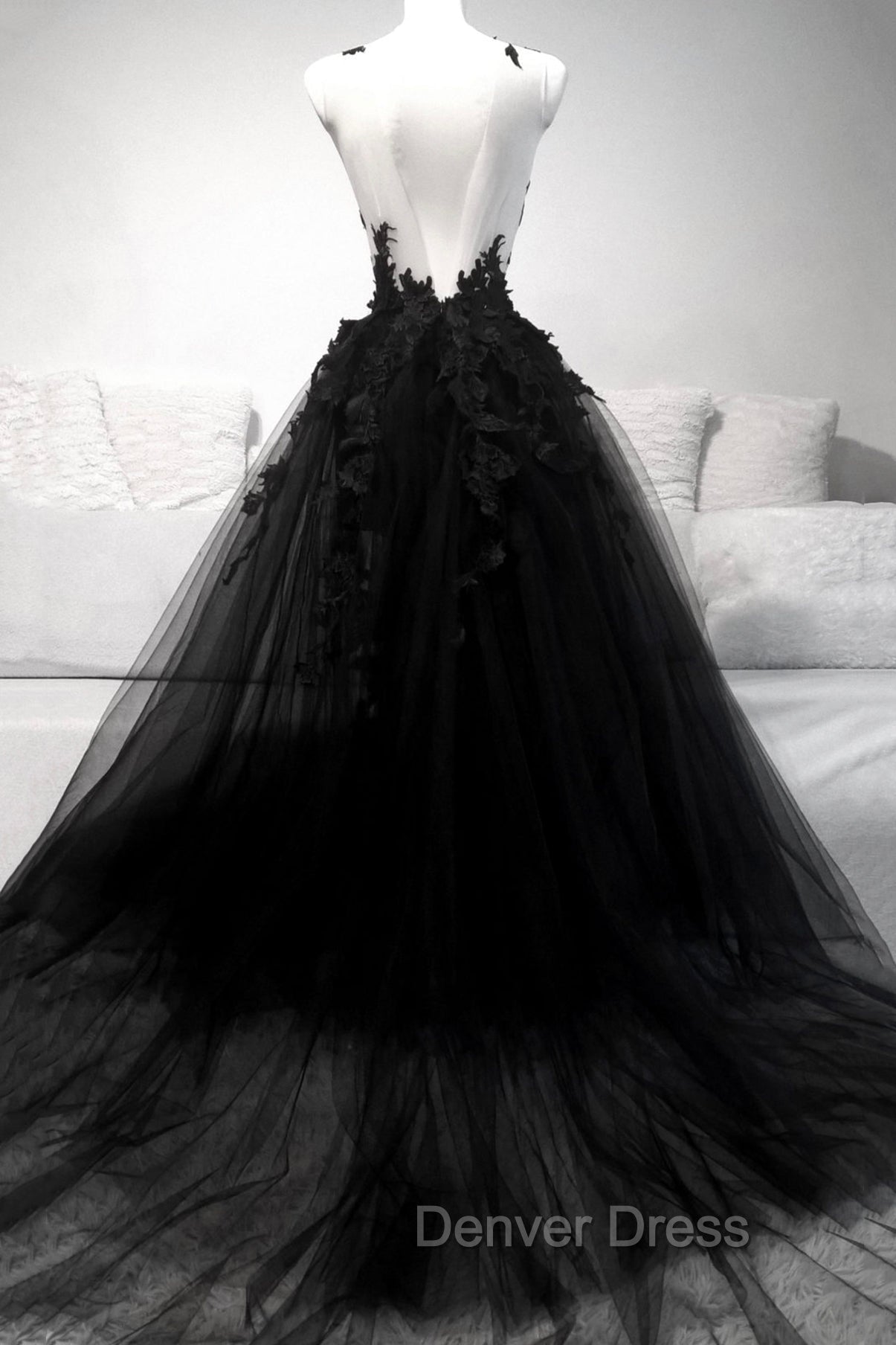 Black Tulle Lace Long A Line Prom Dress, Black V Neck Prom Dresses