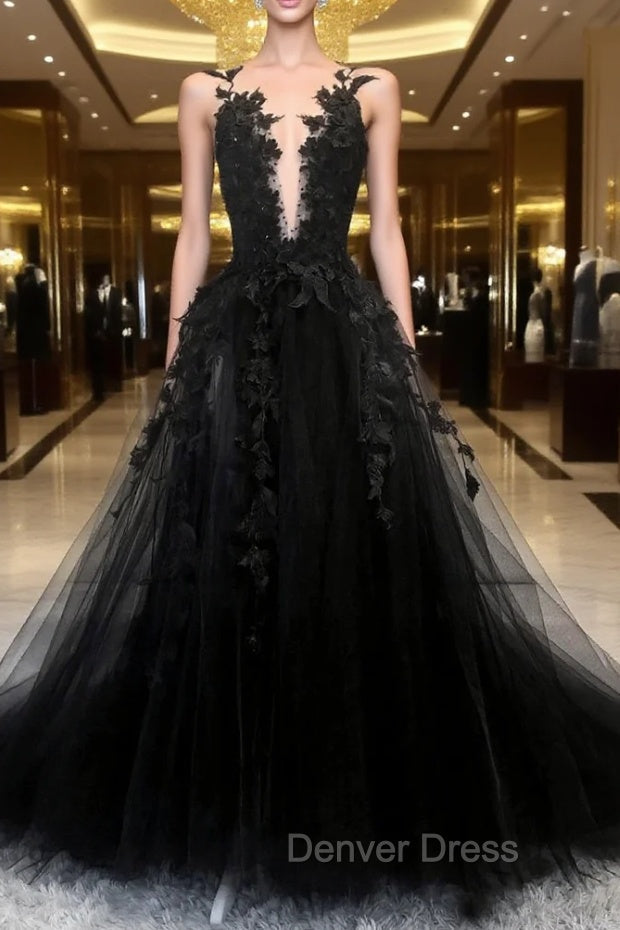 Black Tulle Lace Long A Line Prom Dress, Black V Neck Prom Dresses