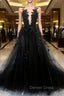 Black Tulle Lace Long A Line Prom Dress, Black V Neck Prom Dresses