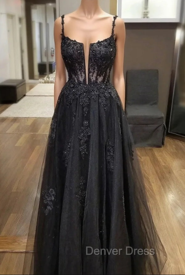 Black Tulle Lace Long Prom Dresses, A-Line Spaghetti Straps Evening Dresses
