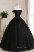 Black Tulle Lace Long Prom Dresses, Black A Line Prom Gowns