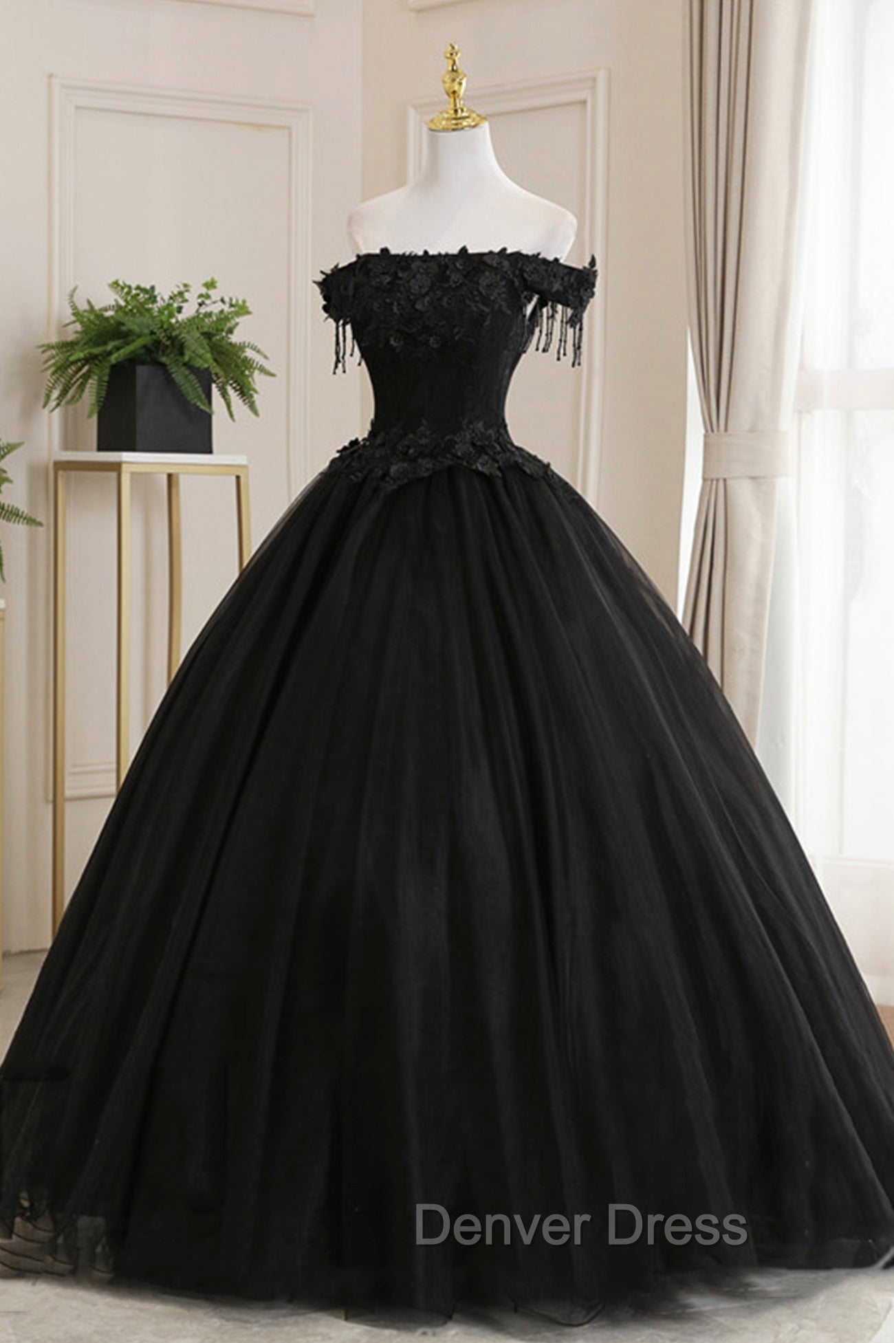 Black Tulle Lace Long Prom Dresses, Black A-Line Evening Gown