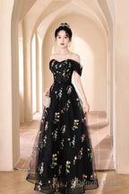 Black Tulle Lace Long Prom Dress, Black A-Line Off The Shoulder Evening Party Dress