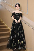 Black Tulle Lace Long Prom Dress, Black A-Line Off The Shoulder Evening Party Dress