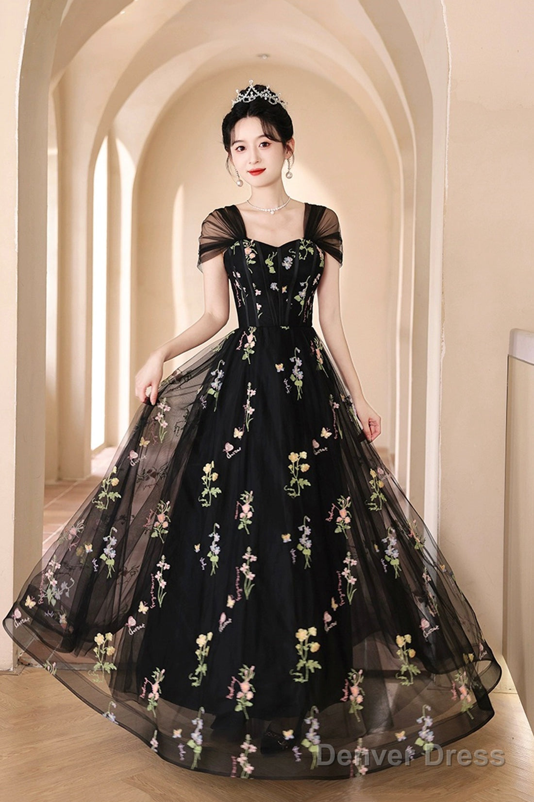 Black Tulle Lace Long Prom Dress, Black A-Line Off The Shoulder Evening Party Dress Main image