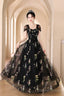 Black Tulle Lace Long Prom Dress, Black A-Line Off The Shoulder Evening Party Dress