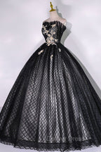 Black Tulle Lace Long Prom Dresses, Black A-Line Strapless Evening Gown