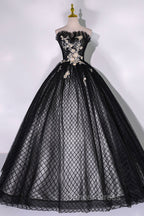 Black Tulle Lace Long Prom Dresses, Black A-Line Strapless Evening Gown