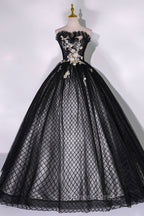 Black Tulle Lace Long Prom Dresses, Black A Line Strapless Prom Gowns