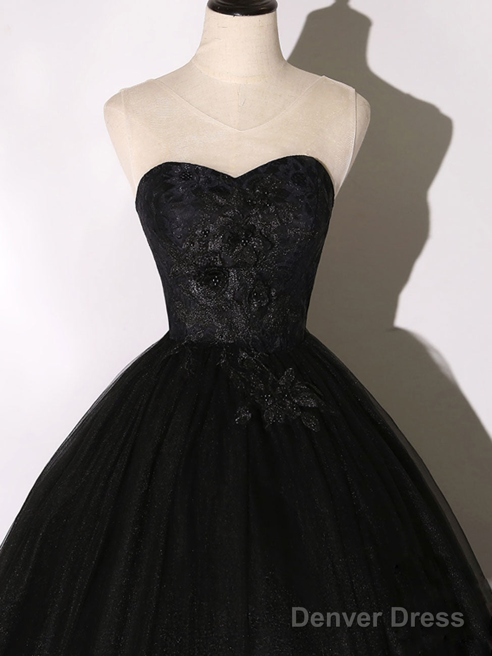 Black Tulle Lace Long Prom Dress, Black Lace Sweet 16 Dress