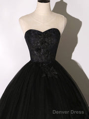 Black Tulle Lace Long Prom Dress, Black Lace Sweet 16 Dress