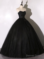 Black Tulle Lace Long Prom Dress, Black Lace Sweet 16 Dress
