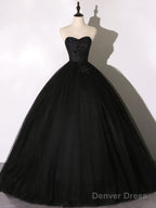 Black Tulle Lace Long Prom Dress, Black Lace Sweet 16 Dress