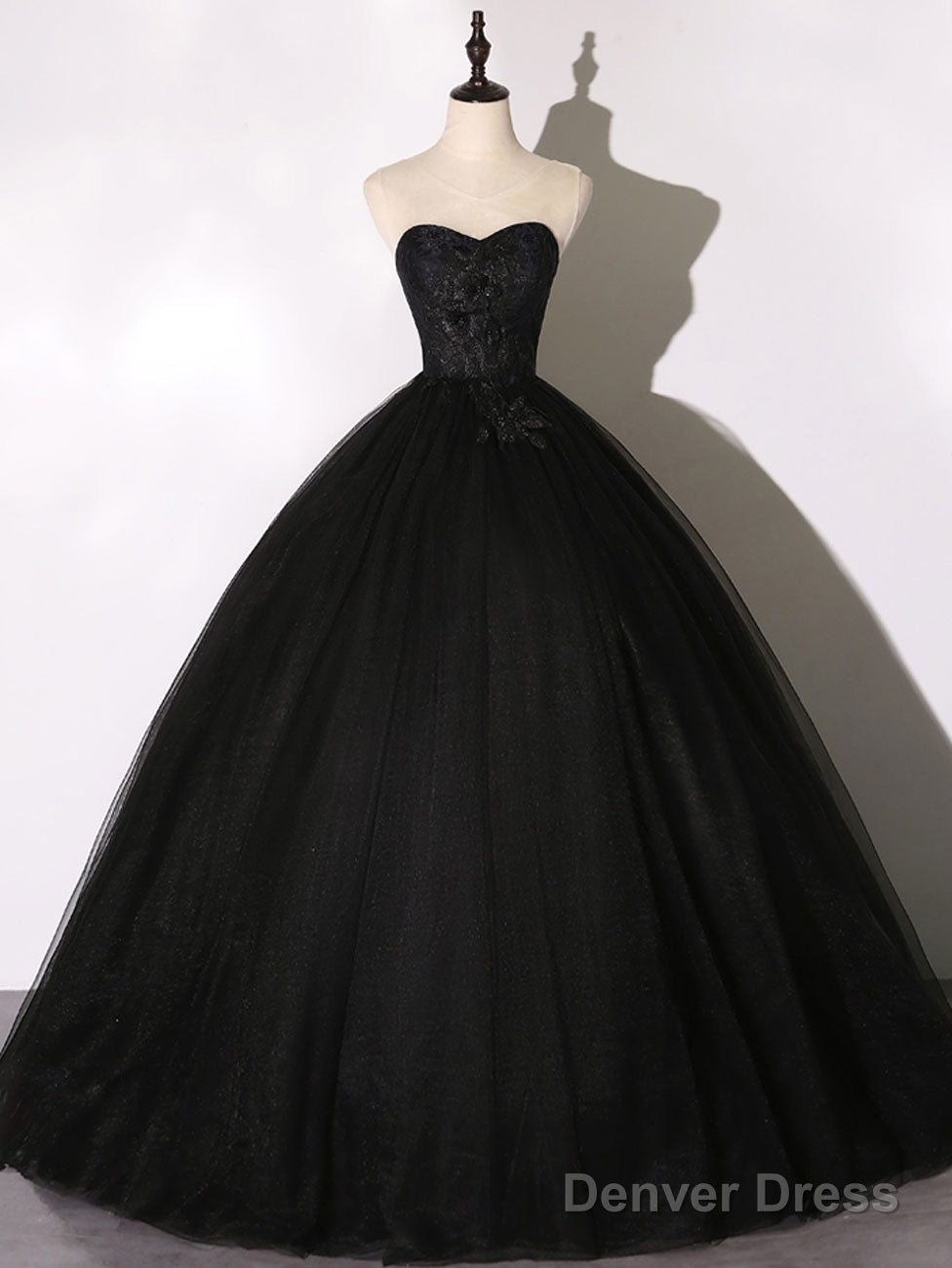 Black Tulle Lace Long Prom Dress, Black Lace Sweet 16 Dress