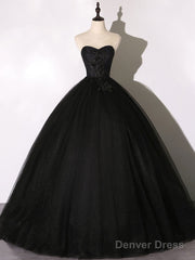 Black Tulle Lace Long Prom Dress, Black Lace Sweet 16 Dress